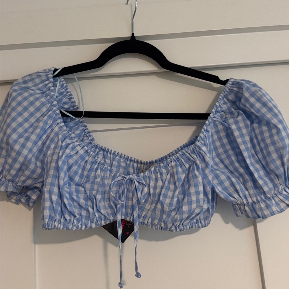 Blue Gingham Puff Sleeve Crop Top